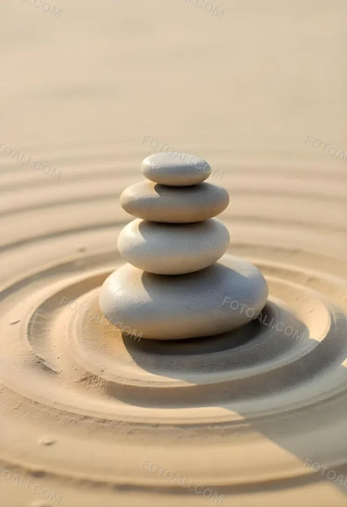 Three Stacked Stones On Sand With Concentric Circles The Background Is Made Of Sand With Parallel Circles 6 86c0