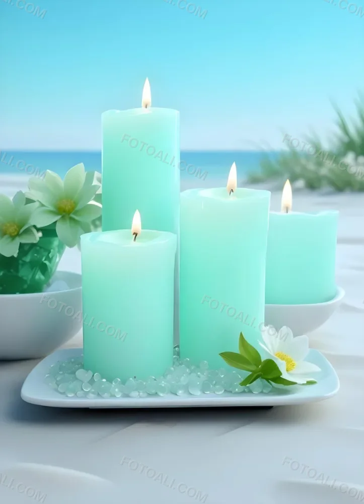 Three White Candles Of Different Sizes On A White Tray With Light Green Crystals And A Light Green Bowl With Flowers In A Beach 1 61ec