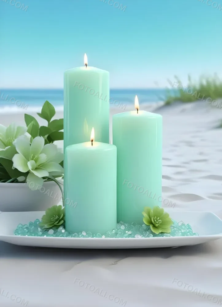 Three White Candles Of Different Sizes On A White Tray With Light Green Crystals And A Light Green Bowl With Flowers In A Beach 10 4002