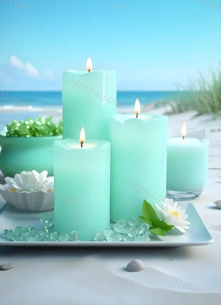Three White Candles Of Different Sizes On A White Tray With Light Green Crystals And A Light Green Bowl With Flowers In A Beach 11 2416