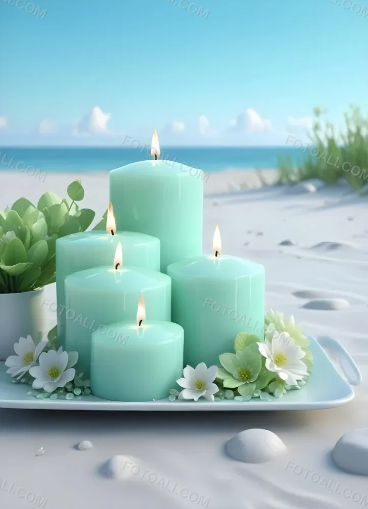 Three White Candles Of Different Sizes On A White Tray With Light Green Crystals And A Light Green Bowl With Flowers In A Beach 14 350c