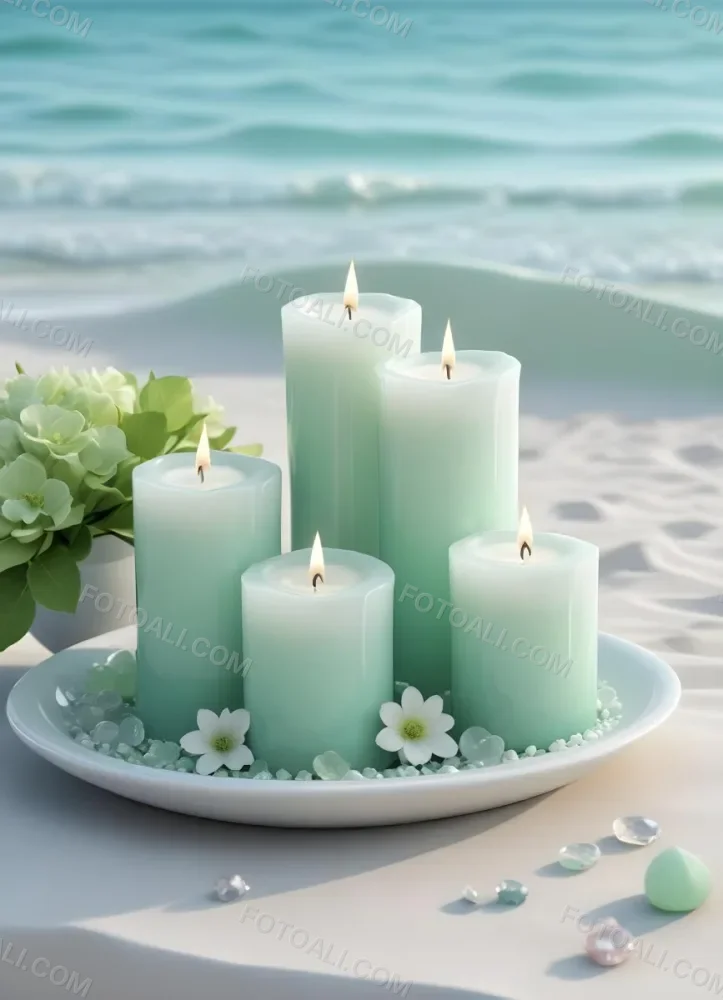 Three White Candles Of Different Sizes On A White Tray With Light Green Crystals And A Light Green Bowl With Flowers In A Beach 15 819d