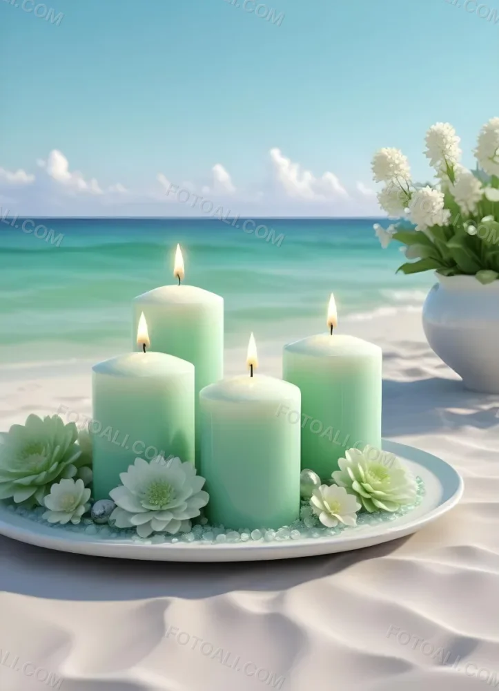 Three White Candles Of Different Sizes On A White Tray With Light Green Crystals And A Light Green Bowl With Flowers In A Beach 16 A4f1