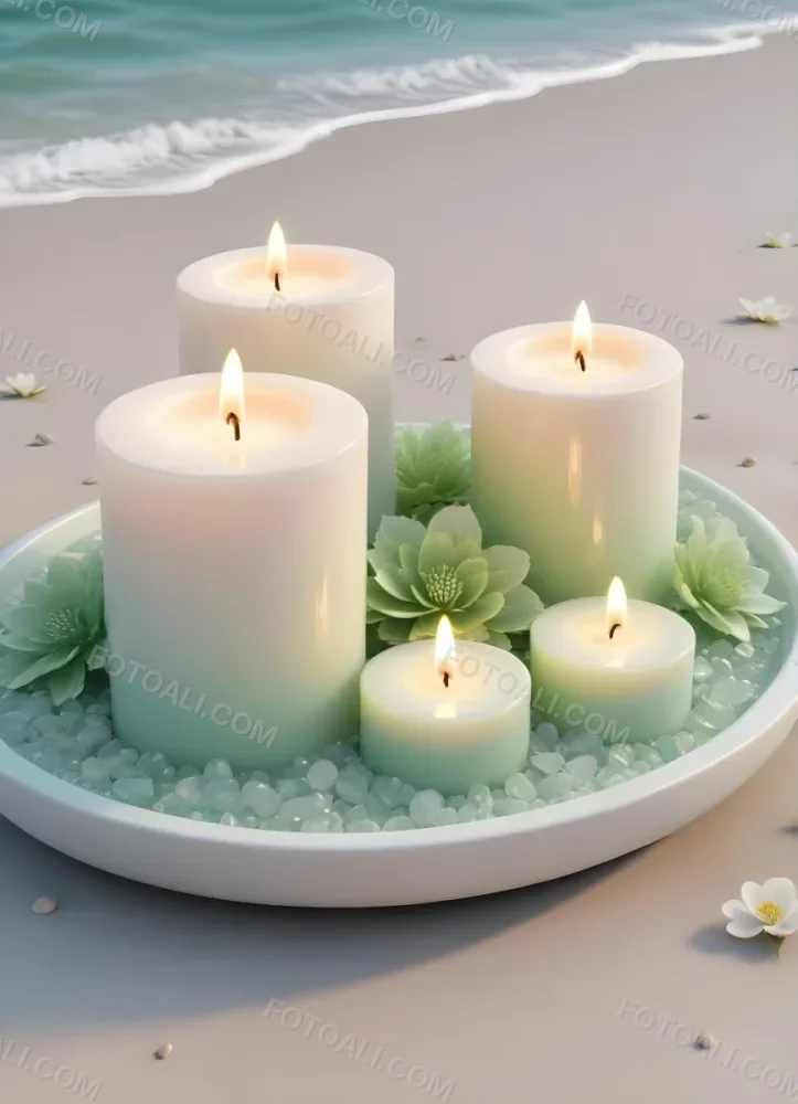 Three White Candles Of Different Sizes On A White Tray With Light Green Crystals And A Light Green Bowl With Flowers In A Beach 18 0c72
