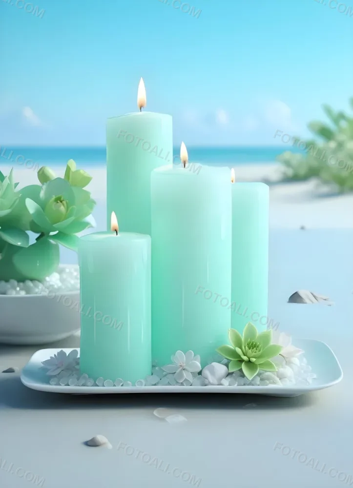 Three White Candles Of Different Sizes On A White Tray With Light Green Crystals And A Light Green Bowl With Flowers In A Beach 19 Cbf3