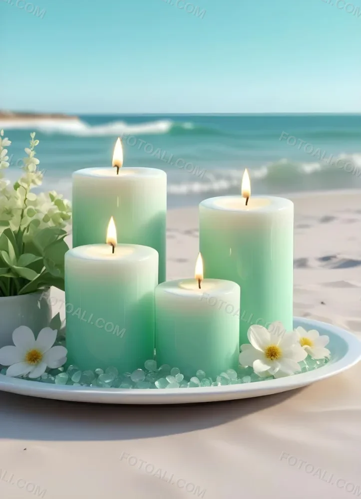 Three White Candles Of Different Sizes On A White Tray With Light Green Crystals And A Light Green Bowl With Flowers In A Beach 23 1901