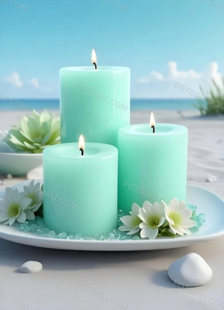 Three White Candles Of Different Sizes On A White Tray With Light Green Crystals And A Light Green Bowl With Flowers In A Beach 27 72b0