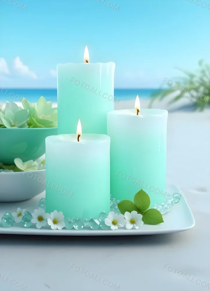 Three White Candles Of Different Sizes On A White Tray With Light Green Crystals And A Light Green Bowl With Flowers In A Beach 3 Be10