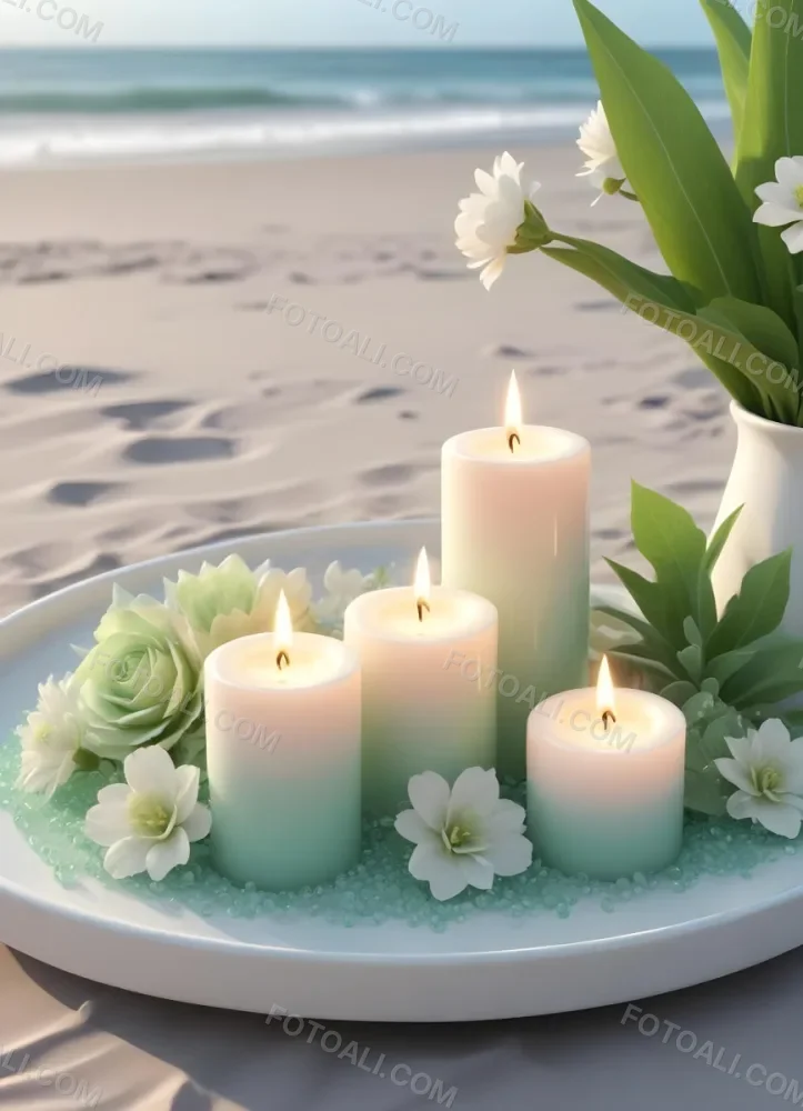 Three White Candles Of Different Sizes On A White Tray With Light Green Crystals And A Light Green Bowl With Flowers In A Beach 4 1b49