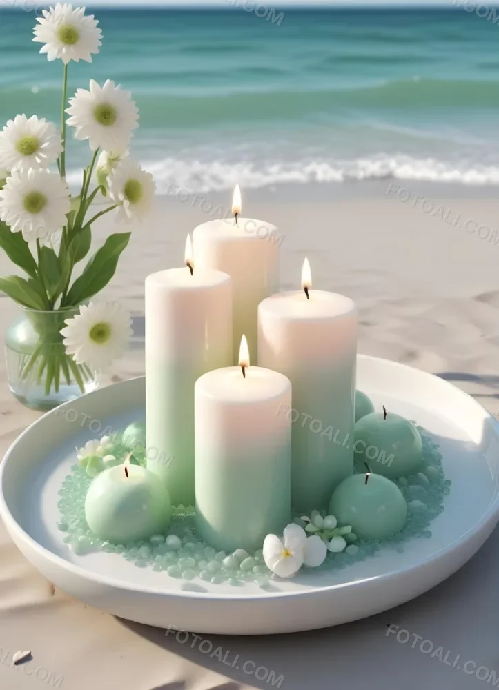 Three White Candles Of Different Sizes On A White Tray With Light Green Crystals And A Light Green Bowl With Flowers In A Beach 6 4611