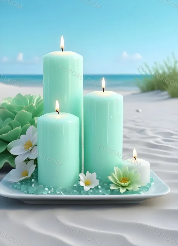 Three White Candles Of Different Sizes On A White Tray With Light Green Crystals And A Light Green Bowl With Flowers In A Beach 7 7d0f