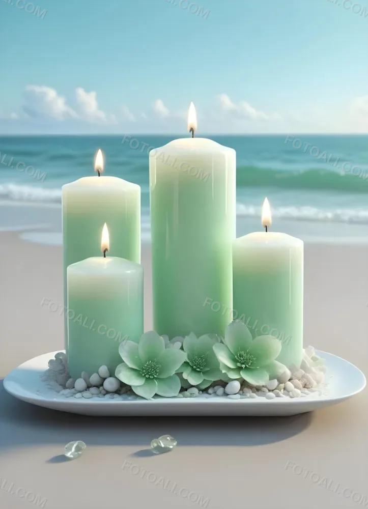 Three White Candles Of Different Sizes On A White Tray With Light Green Crystals And A Light Green Bowl With Flowers In A Beach 8 D7b1