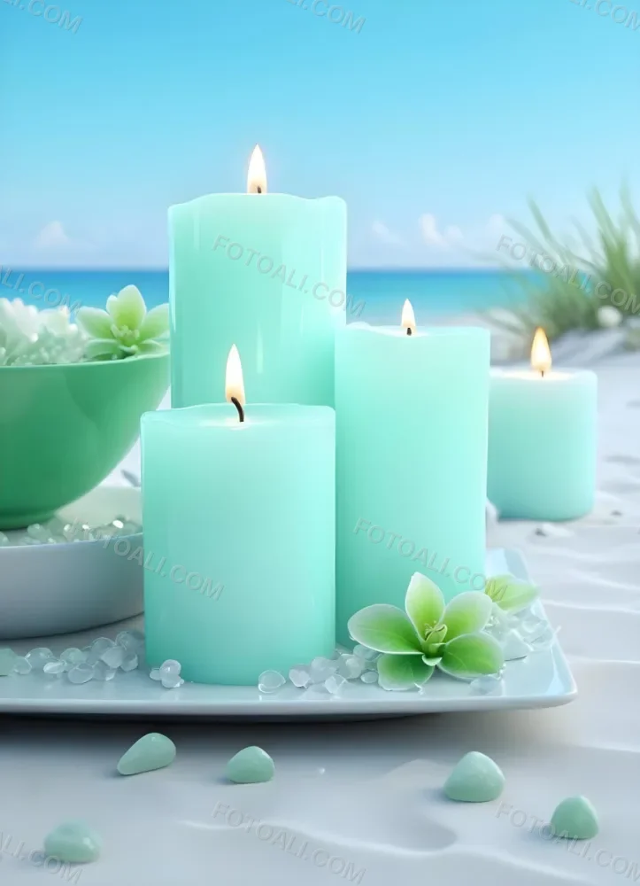 Three White Candles Of Different Sizes On A White Tray With Light Green Crystals And A Light Green Bowl With Flowers In A Beach 9 C928