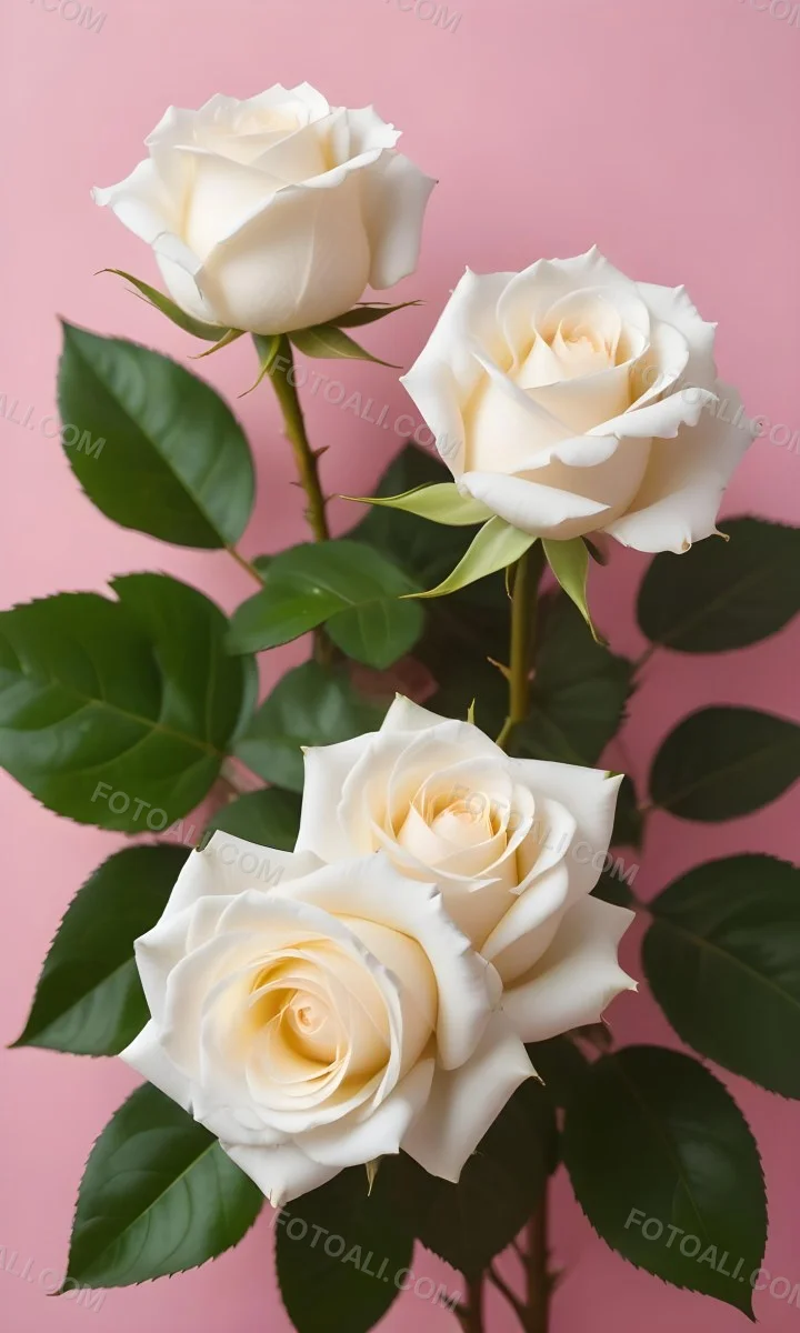 Three White Roses With Green Leaves On A Pink Background 50 938a