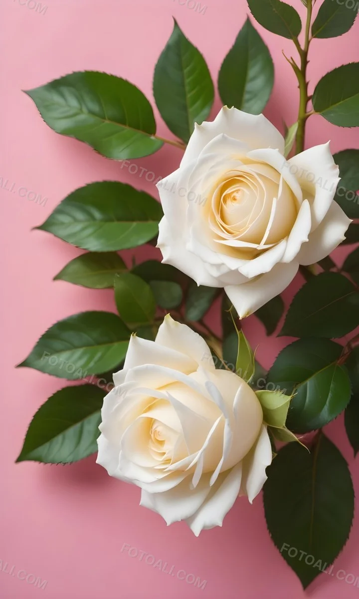 Three White Roses With Green Leaves On A Pink Background 51 52eb