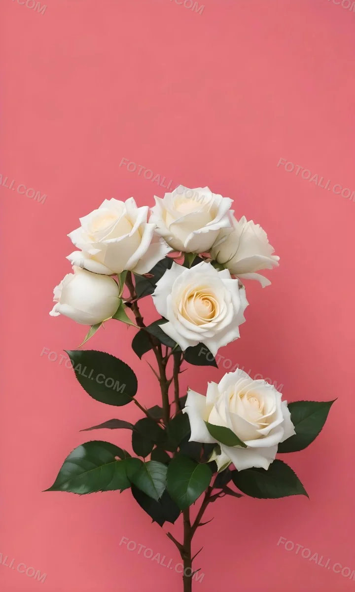 Three White Roses With Green Leaves On A Pink Background 53 3174