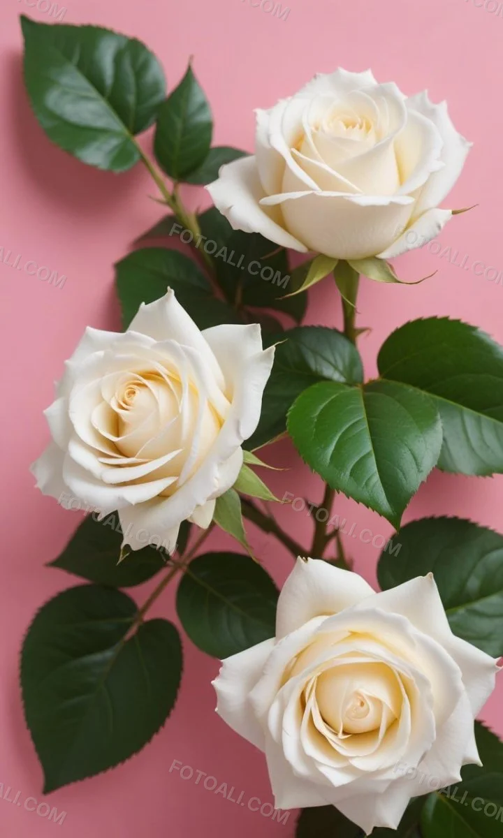 Three White Roses With Green Leaves On A Pink Background 55 7256