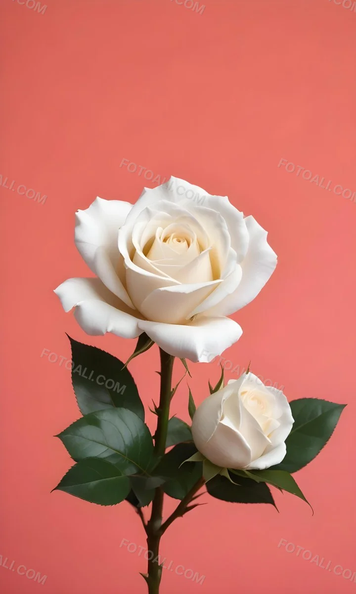 Three White Roses With Green Leaves On A Pink Background 6 A6db