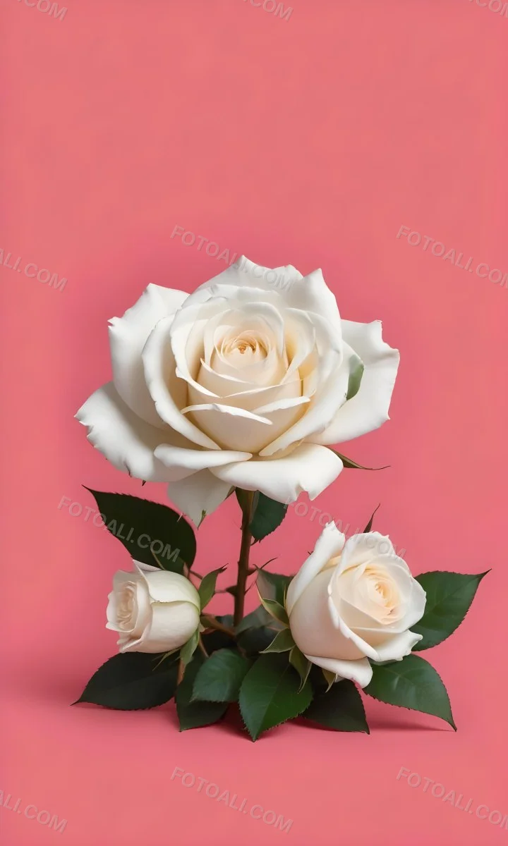 Three White Roses With Green Leaves On A Pink Background 67 5561