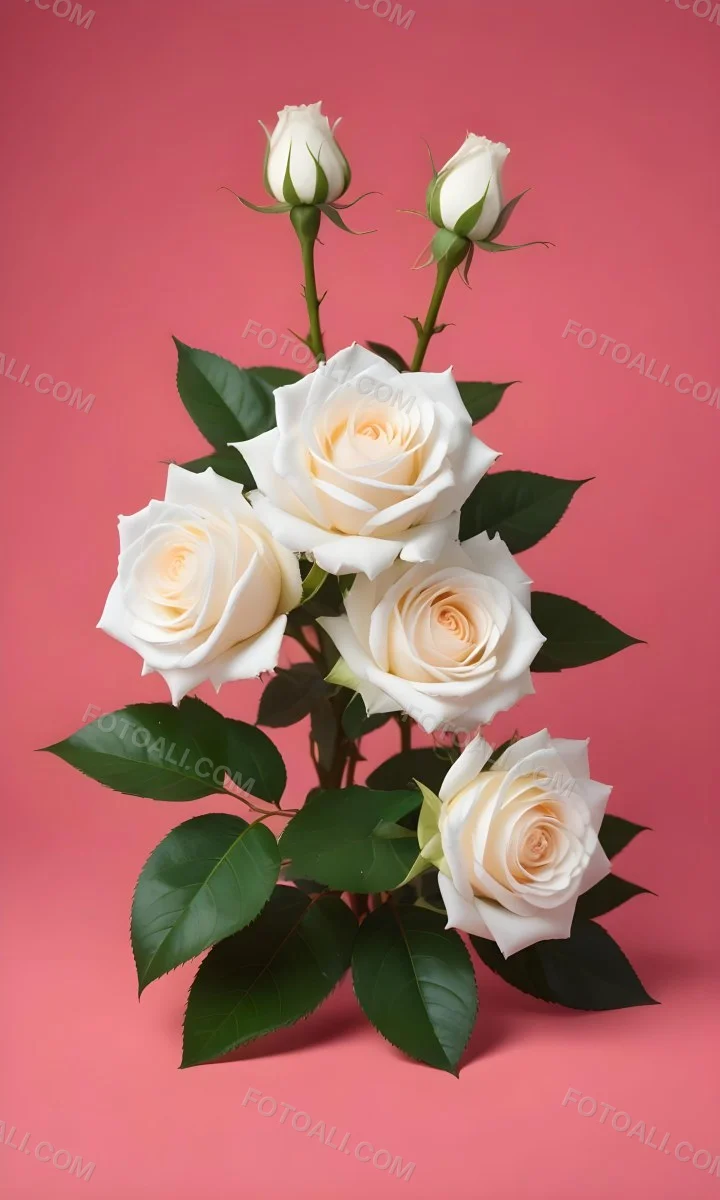 Three White Roses With Green Leaves On A Pink Background 68 67ca