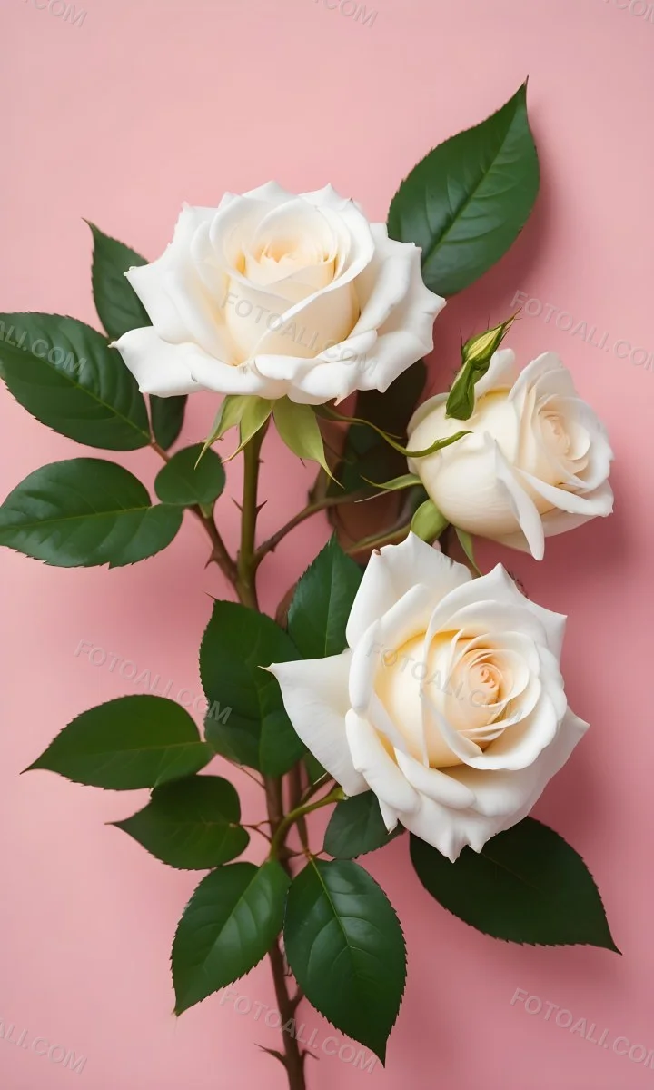 Three White Roses With Green Leaves On A Pink Background 71 E907