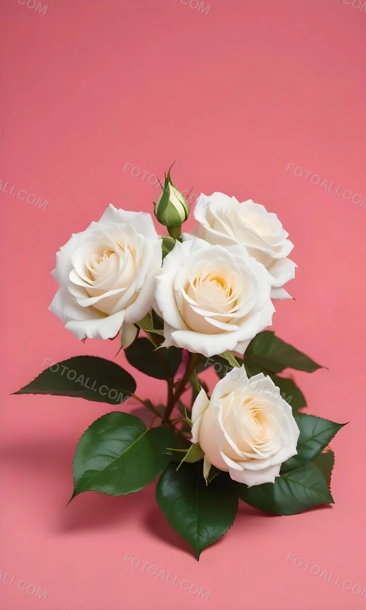 Three White Roses With Green Leaves On A Pink Background 86 11bf