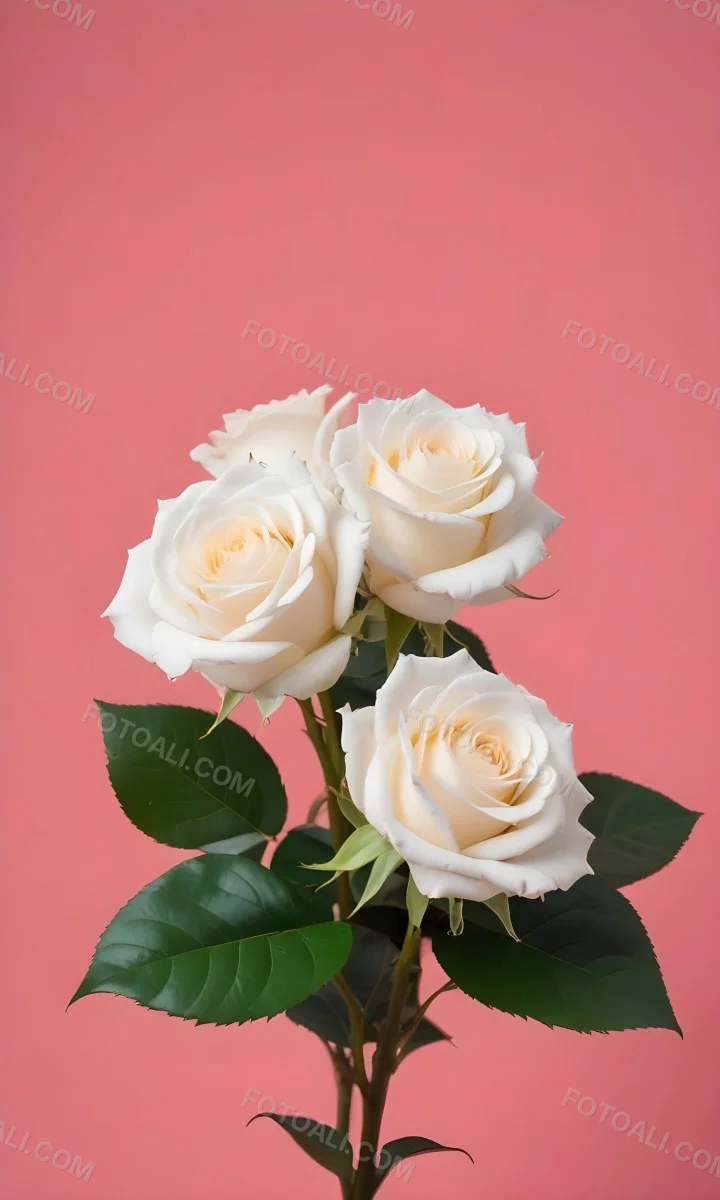 Three White Roses With Green Leaves On A Pink Background 88 1fe8