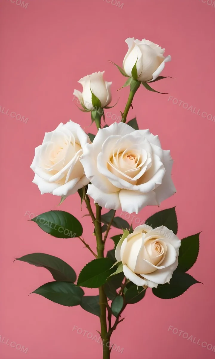Three White Roses With Green Leaves On A Pink Background 89 B976