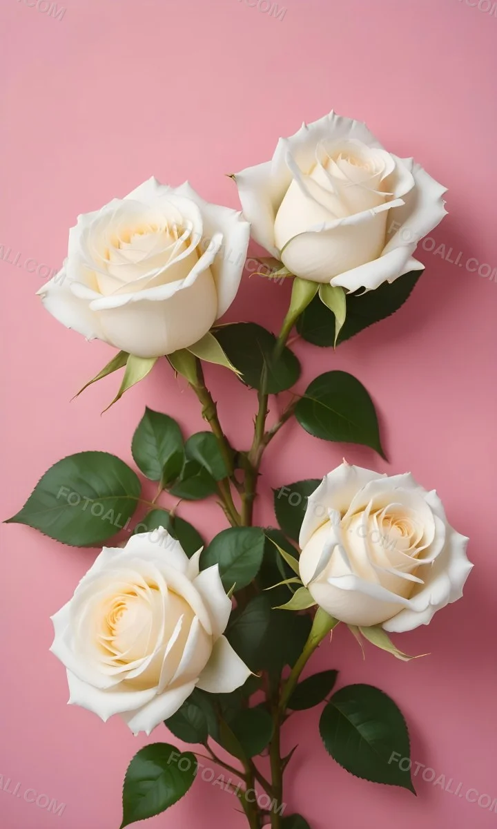 Three White Roses With Green Leaves On A Pink Background 9 E264