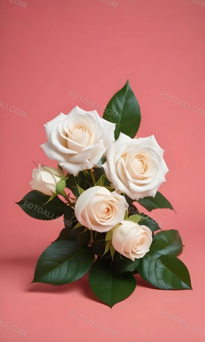 Three White Roses With Green Leaves On A Pink Background 90 7213