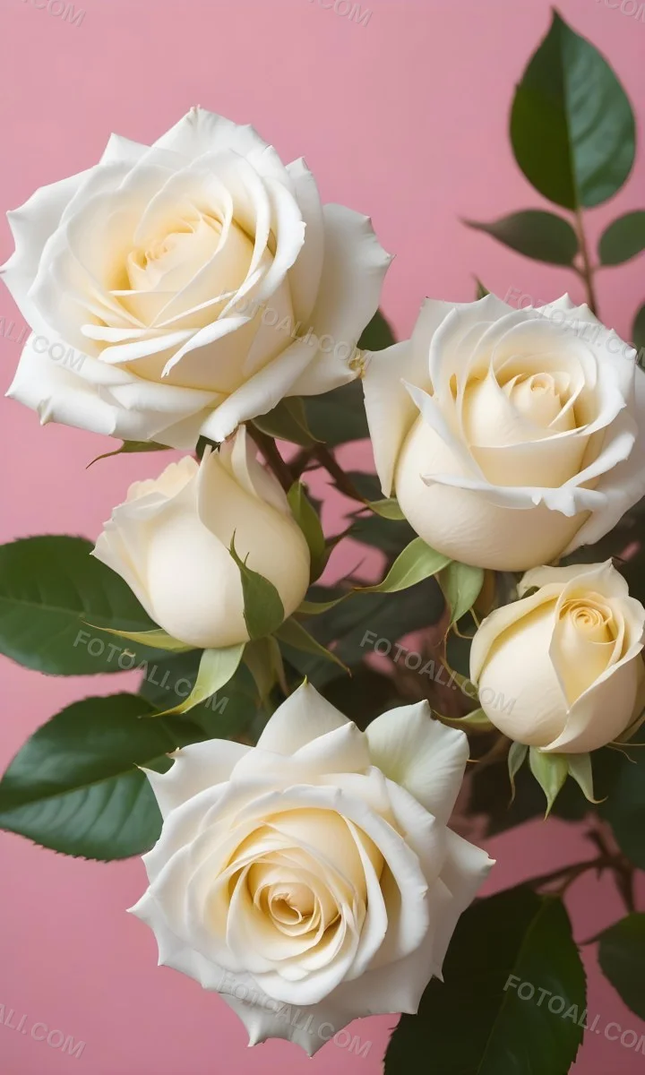 Three White Roses With Green Leaves On A Pink Background 91 4ba5