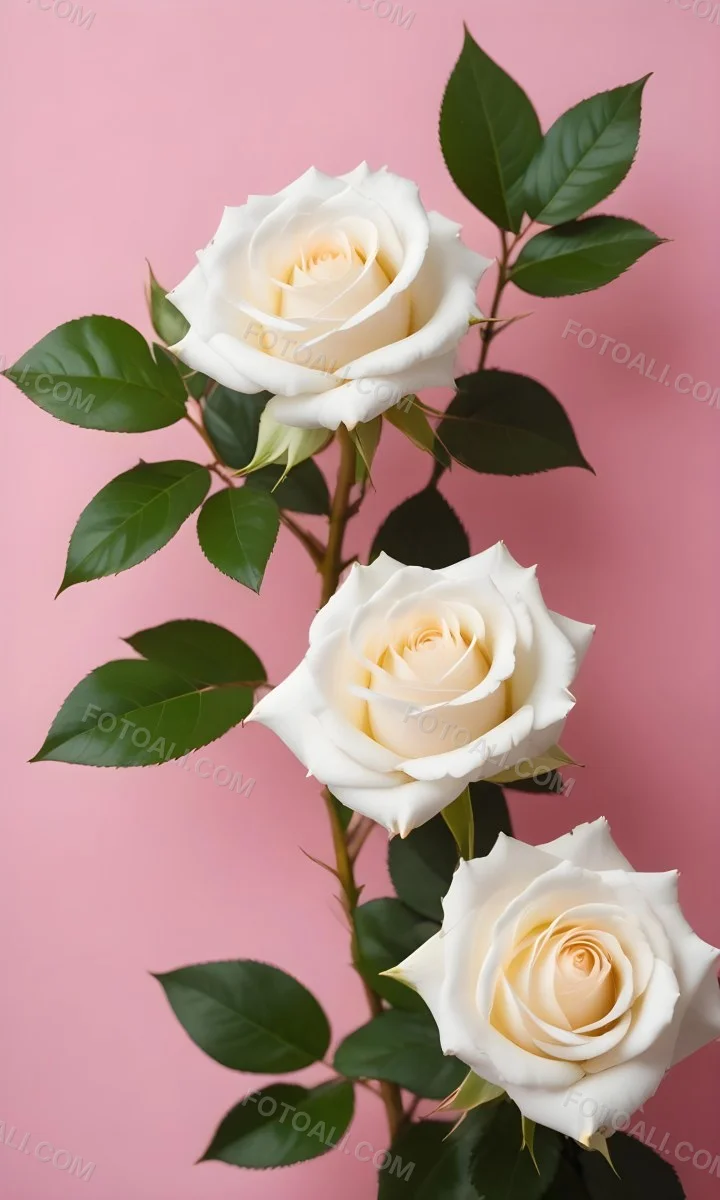 Three White Roses With Green Leaves On A Pink Background 92 Bfd0