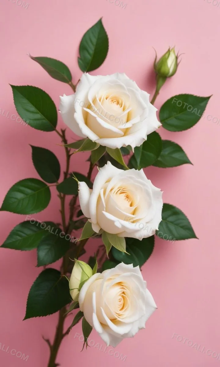Three White Roses With Green Leaves On A Pink Background 93 82a9