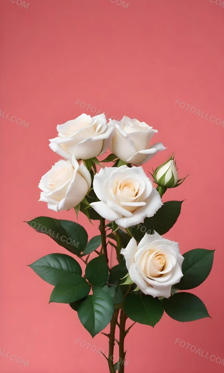 Three White Roses With Green Leaves On A Pink Background 94 1d79