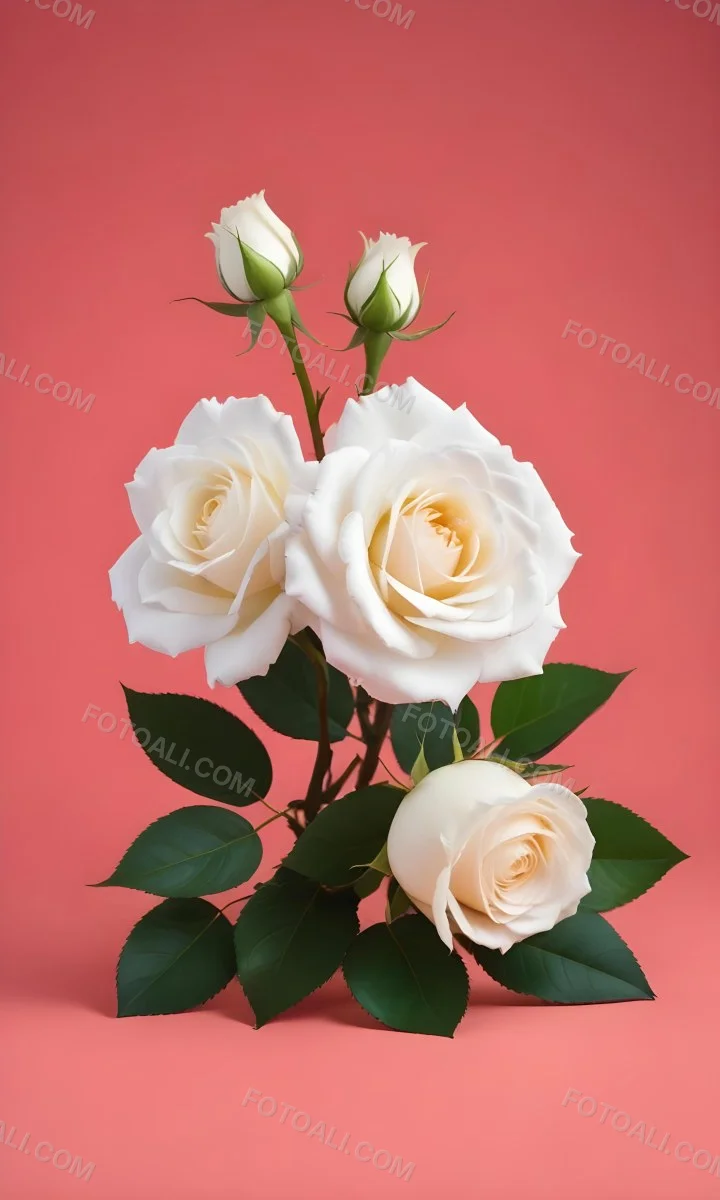 Three White Roses With Green Leaves On A Pink Background 98 43e3