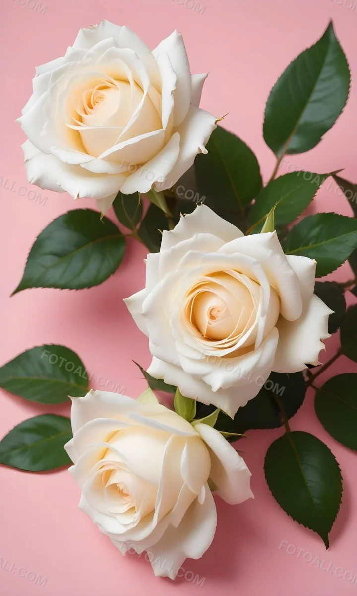 Three White Roses With Green Leaves On A Pink Background 99 00ff