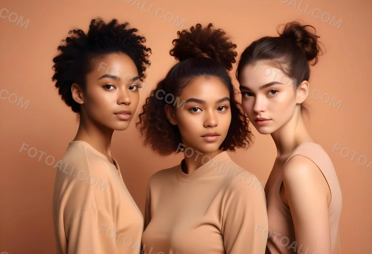 Three Young Women With Diverse Skin Tones And Hair Styles Posing Together In A Studio Setting 1 134e