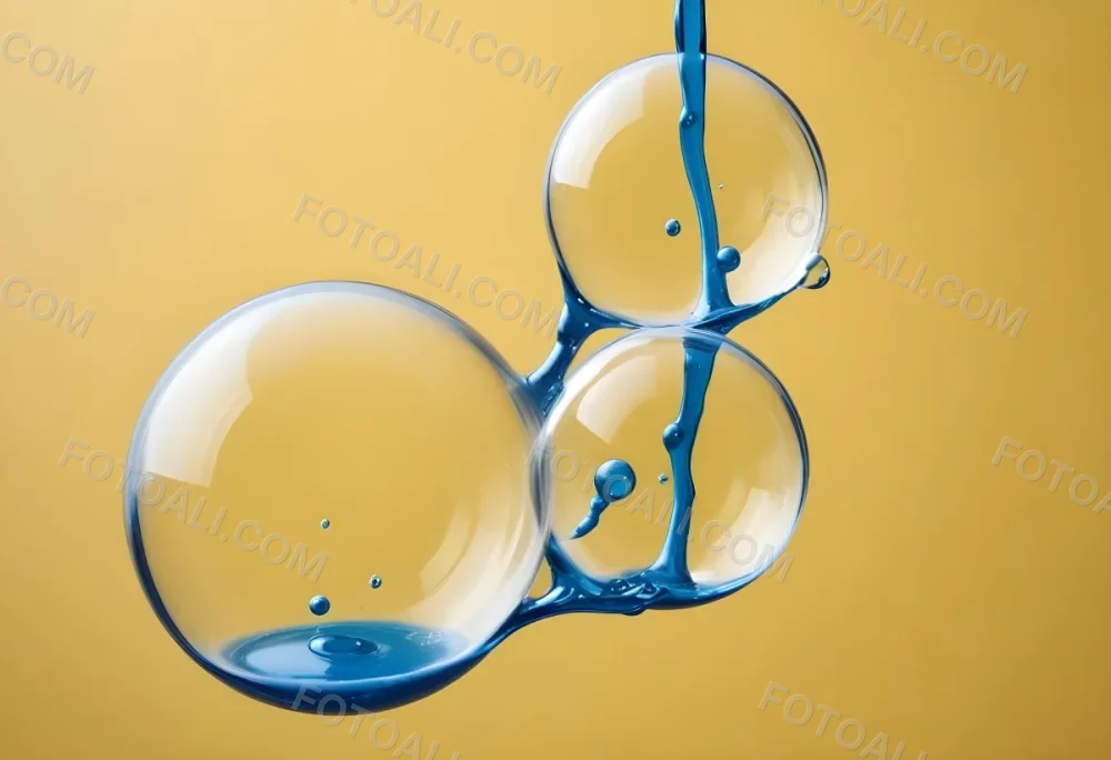 Transparent Bubbles With Blue Liquid Inside Floating In The Air Yellow Background Macro Photography Studio Shot Product Photography Clean And Minimalist 11 D0a6