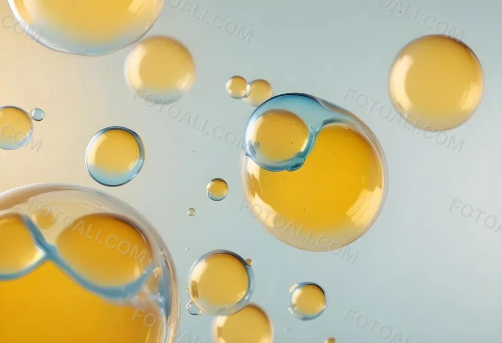 Transparent Bubbles With Blue Liquid Inside Floating In The Air Yellow Background Macro Photography Studio Shot Product Photography Clean And Minimalist 34 8121