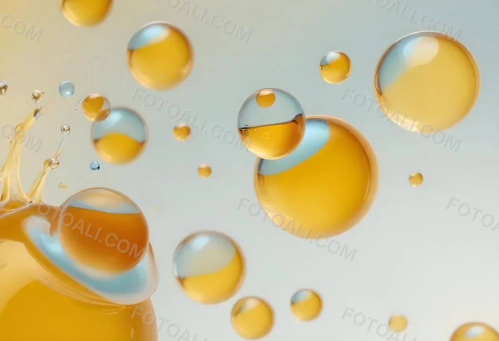 Transparent Bubbles With Blue Liquid Inside Floating In The Air Yellow Background Macro Photography Studio Shot Product Photography Clean And Minimalist 52 Cc03