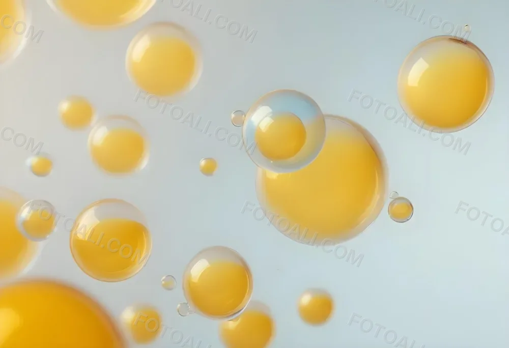 Transparent Bubbles With Blue Liquid Inside Floating In The Air Yellow Background Macro Photography Studio Shot Product Photography Clean And Minimalist 55 6af8