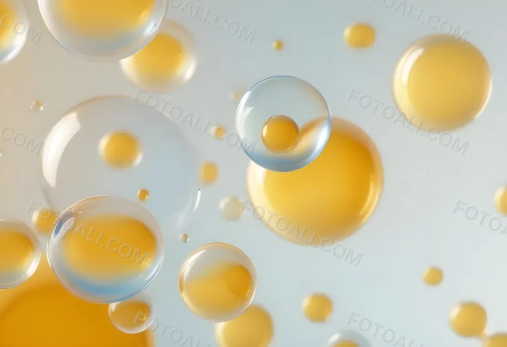 Transparent Bubbles With Blue Liquid Inside Floating In The Air Yellow Background Macro Photography Studio Shot Product Photography Clean And Minimalist 6 7a2f