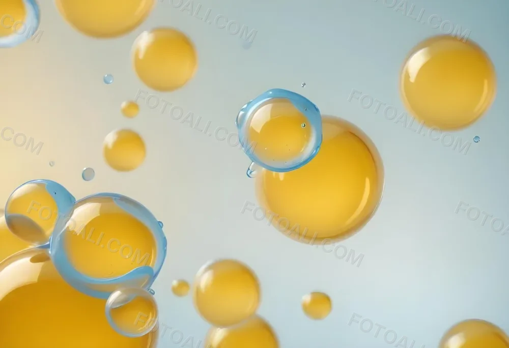 Transparent Bubbles With Blue Liquid Inside Floating In The Air Yellow Background Macro Photography Studio Shot Product Photography Clean And Minimalist 60 D399