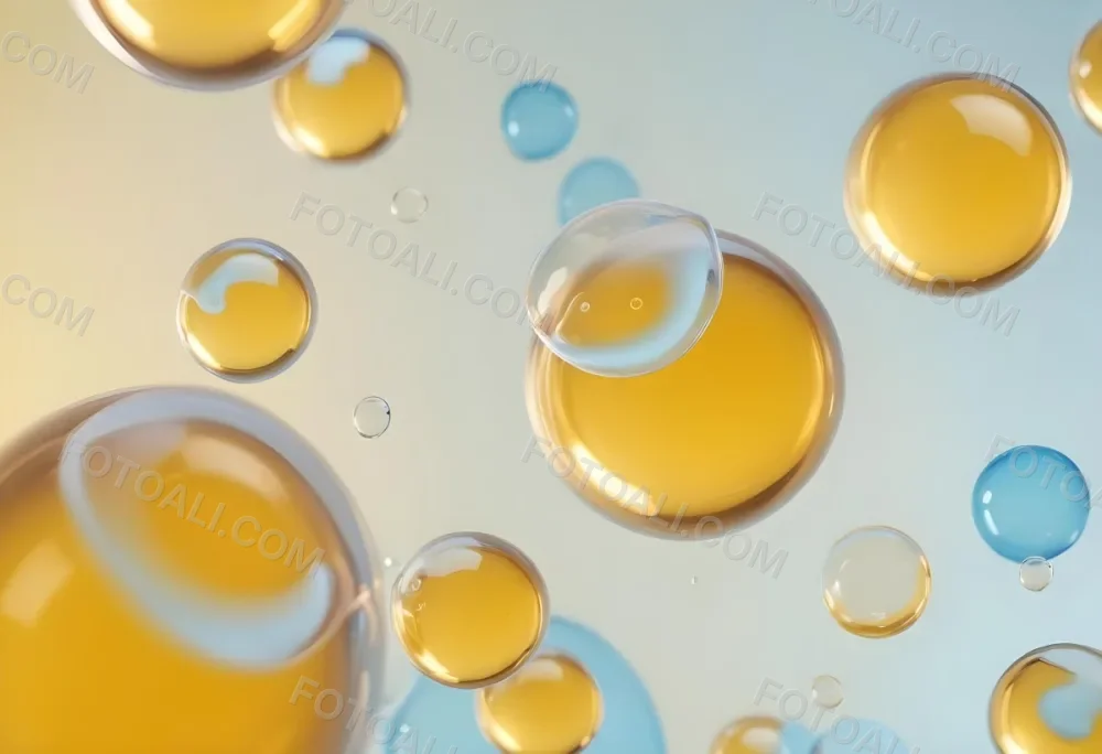 Transparent Bubbles With Blue Liquid Inside Floating In The Air Yellow Background Macro Photography Studio Shot Product Photography Clean And Minimalist 8 867b