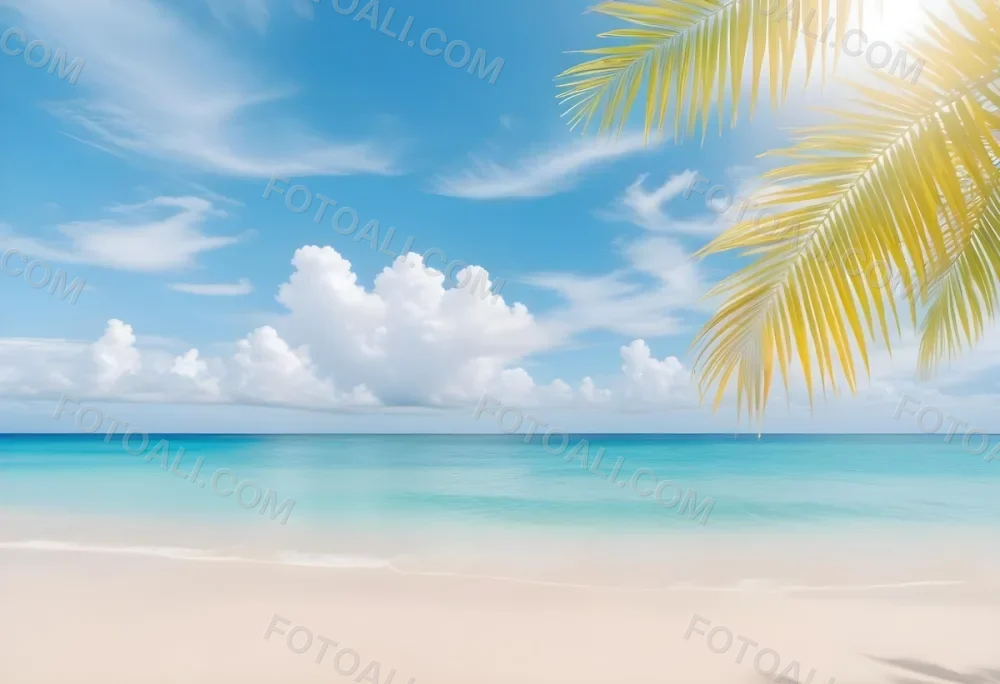 Tropical Beach With White Sand Clear Water And A Clear Blue Sky With Fluffy White Clouds Palm Tree Leaves In The Upper Right Corner 1 1010