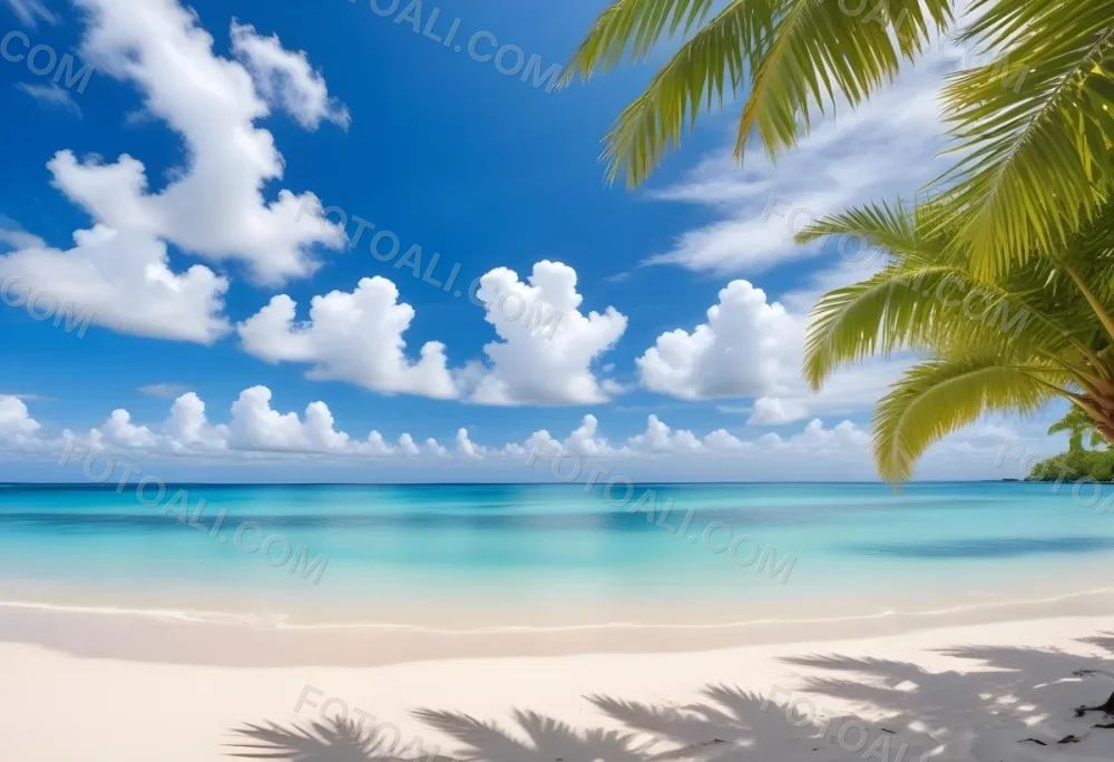 Tropical Beach With White Sand Clear Water And A Clear Blue Sky With Fluffy White Clouds Palm Tree Leaves In The Upper Right Corner 10 6f7f
