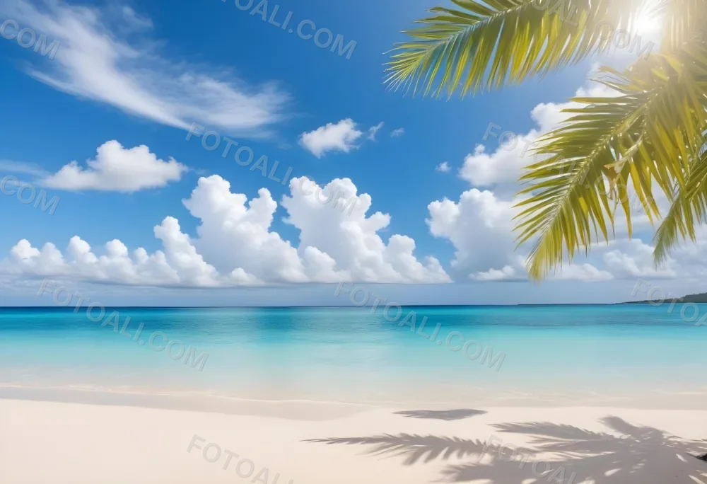 Tropical Beach With White Sand Clear Water And A Clear Blue Sky With Fluffy White Clouds Palm Tree Leaves In The Upper Right Corner 11 24b5