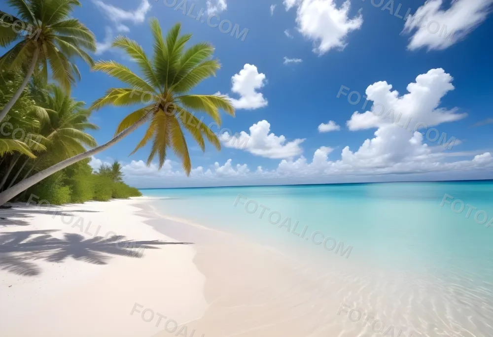 Tropical Beach With White Sand Clear Water And A Clear Blue Sky With Fluffy White Clouds Palm Tree Leaves In The Upper Right Corner 14 3dce
