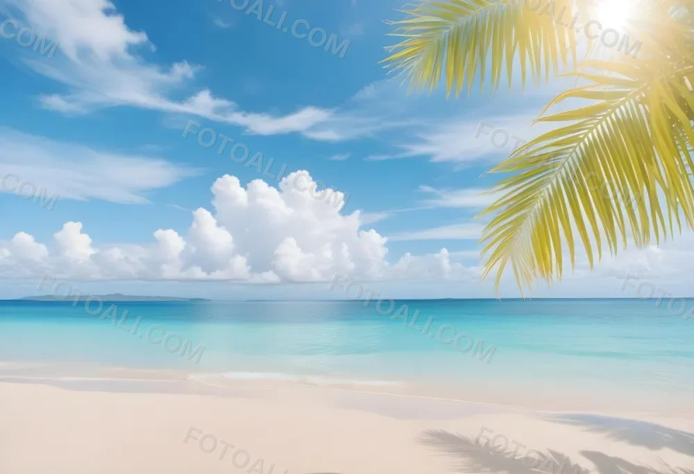 Tropical Beach With White Sand Clear Water And A Clear Blue Sky With Fluffy White Clouds Palm Tree Leaves In The Upper Right Corner 3 694c