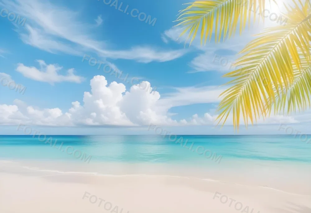Tropical Beach With White Sand Clear Water And A Clear Blue Sky With Fluffy White Clouds Palm Tree Leaves In The Upper Right Corner 6 5b63